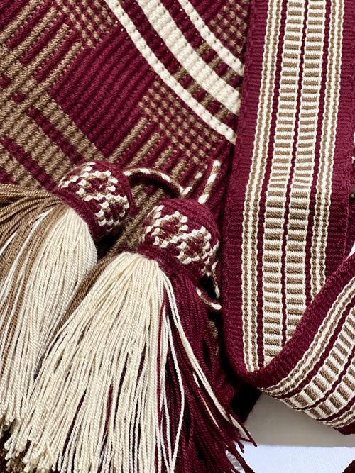 Handmade Wayuu Mochila Bag | Large Burgundy and Beige Crossbody Bucket Bag | Tambora Boutique