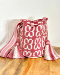 Handmade Wayuu Mochila | Medium Pink and White Crossbody Bucket Bag | Tambora Boutique
