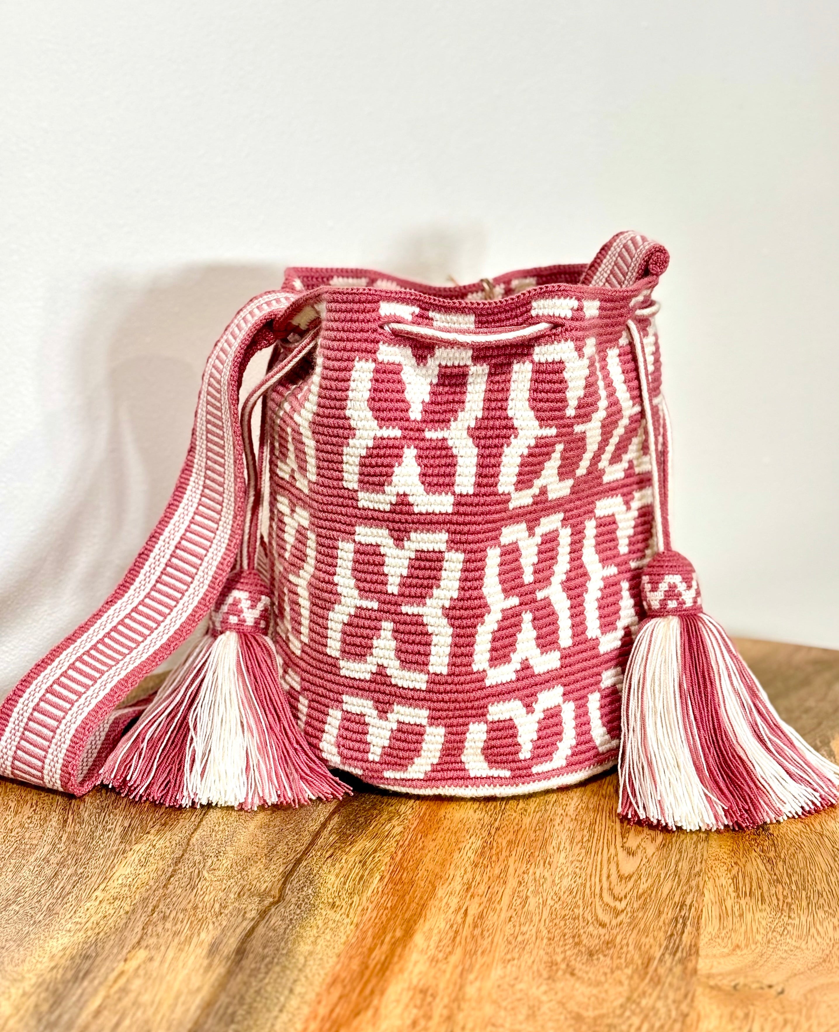 Handmade Wayuu Mochila | Medium Pink and White Crossbody Bucket Bag | Tambora Boutique