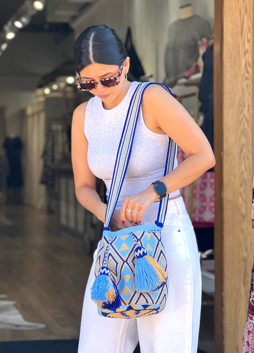 Handmade Wayuu Mochila | Large Blue and Yellow Crossbody Bucket Bag | Tambora Boutique