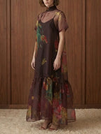 Floral Sheet Tie-Neck Dress - Wine Color