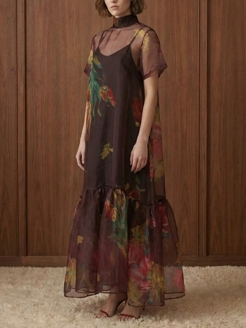 Floral Sheet Tie-Neck Dress - Wine Color