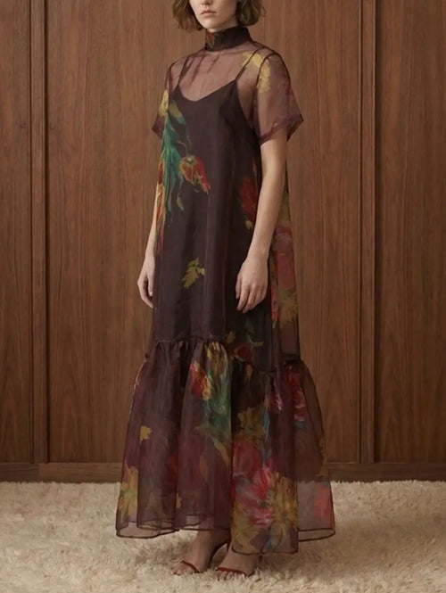Floral Sheet Tie-Neck Dress - Wine Color
