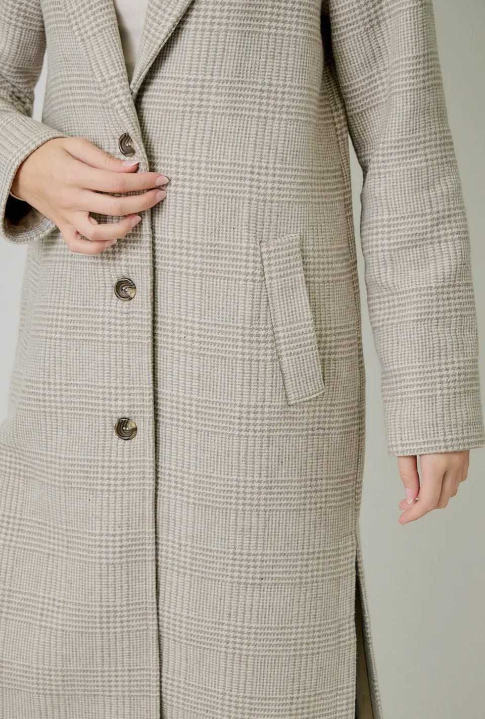Gray Houndstooth Plaid Long Wool Coat