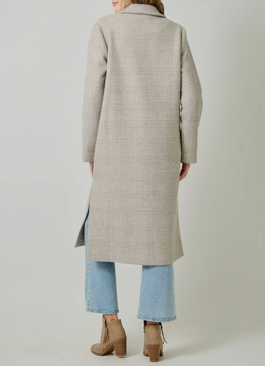 Gray Houndstooth Plaid Long Wool Coat
