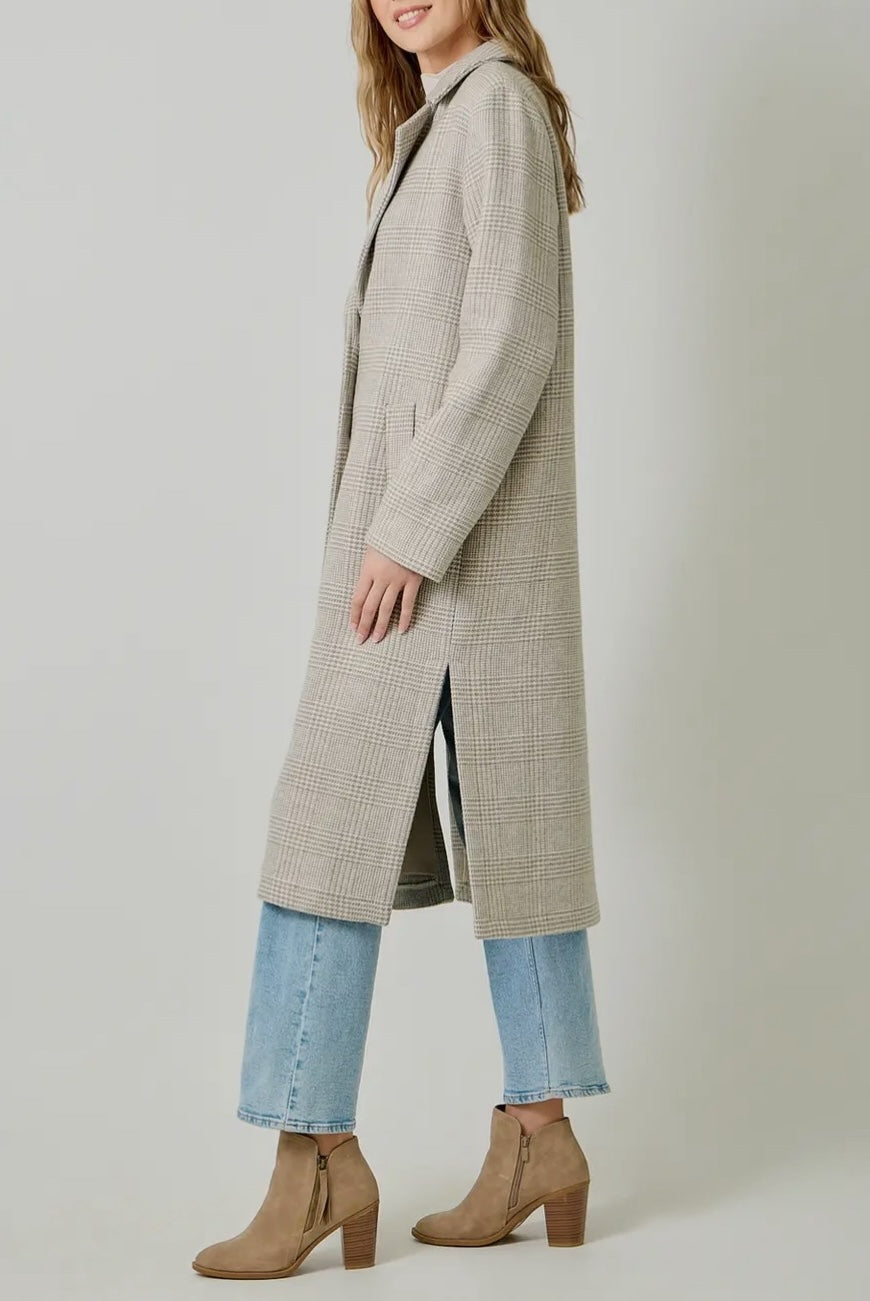 Gray Houndstooth Plaid Long Wool Coat