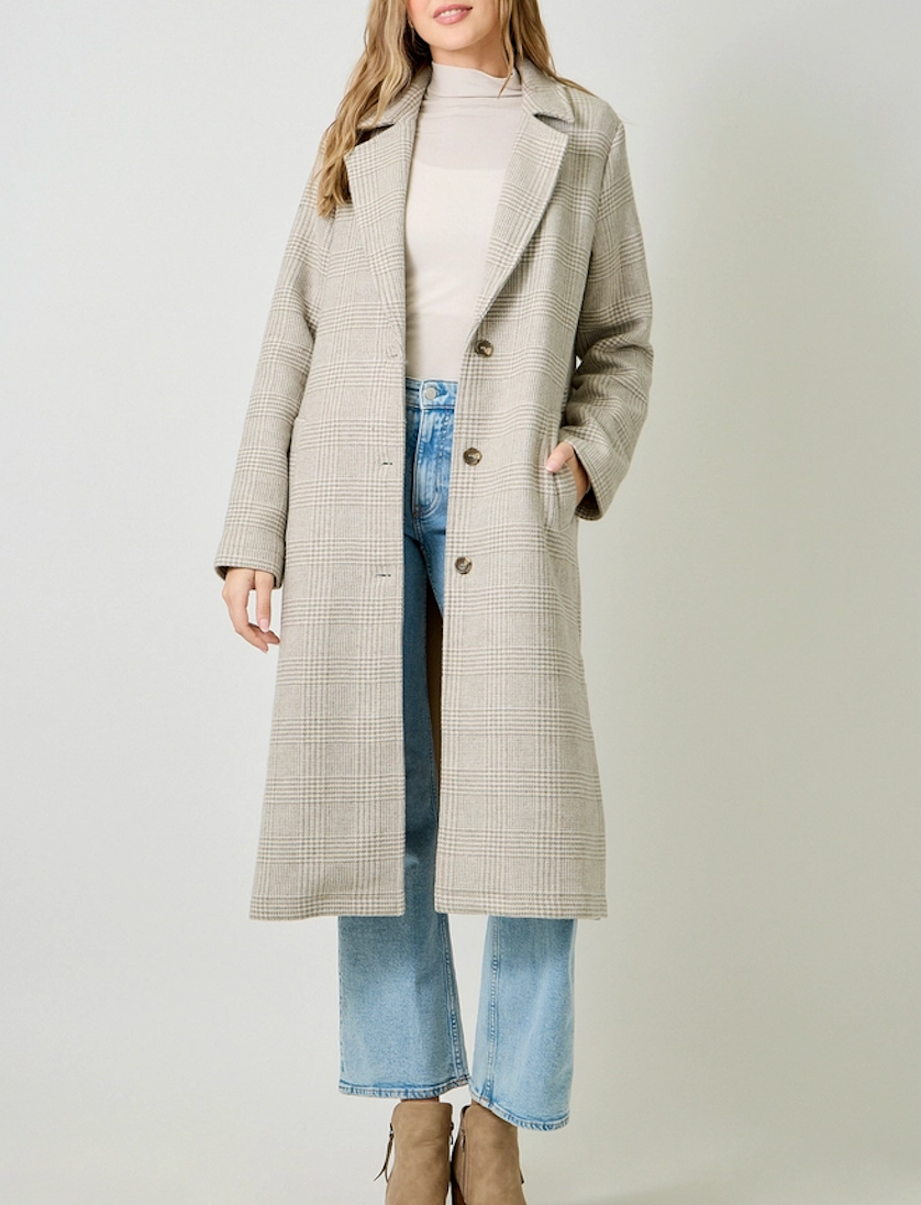 Gray Houndstooth Plaid Long Wool Coat