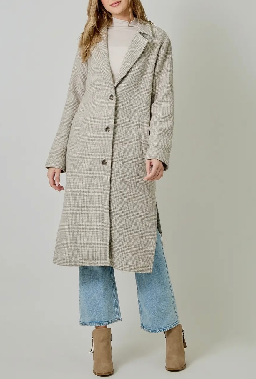 Gray Houndstooth Plaid Long Wool Coat