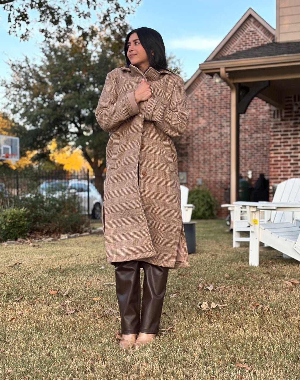 Brown Houndstooth Plaid Long Wool Coat