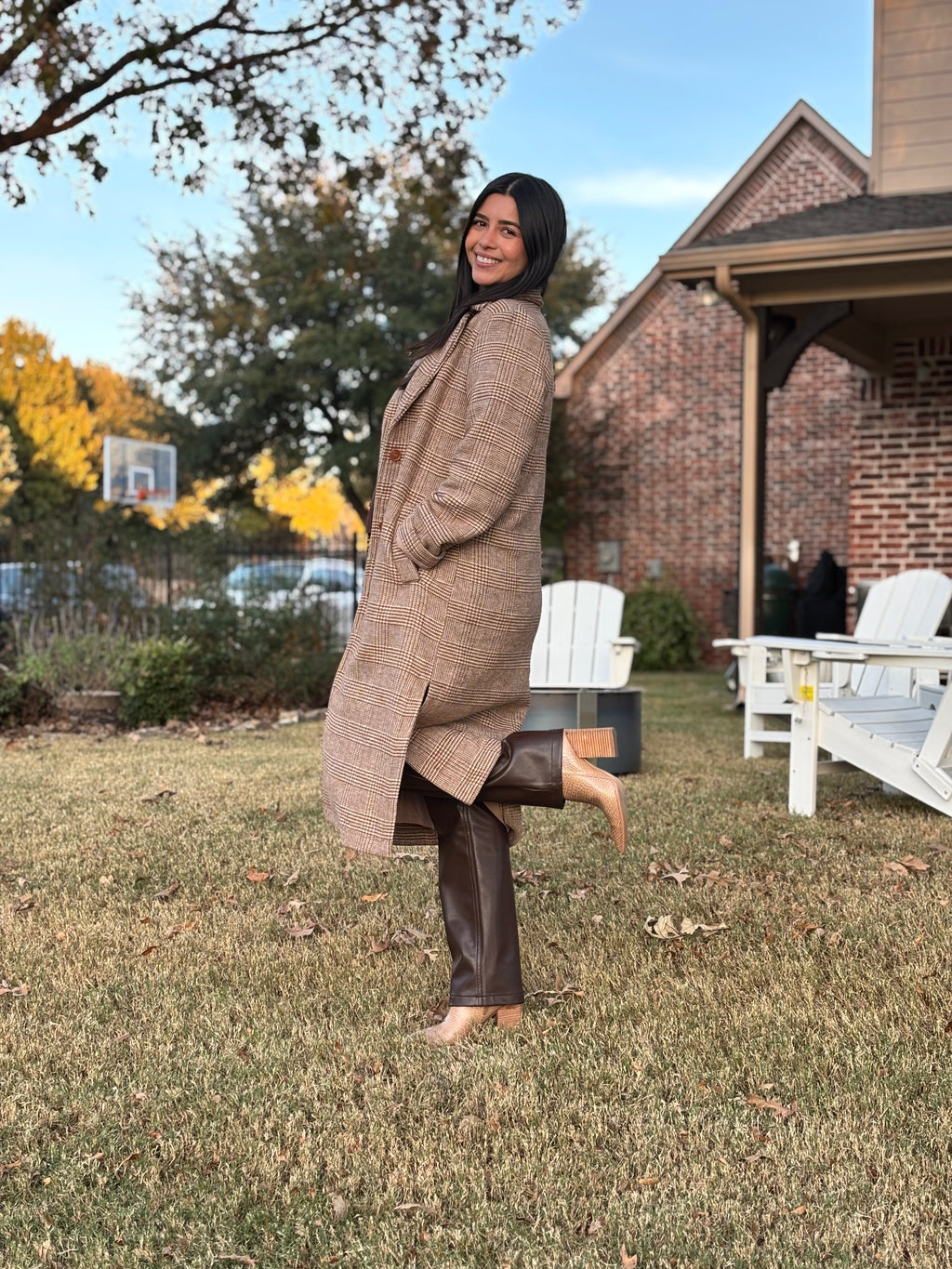 Brown Houndstooth Plaid Long Wool Coat