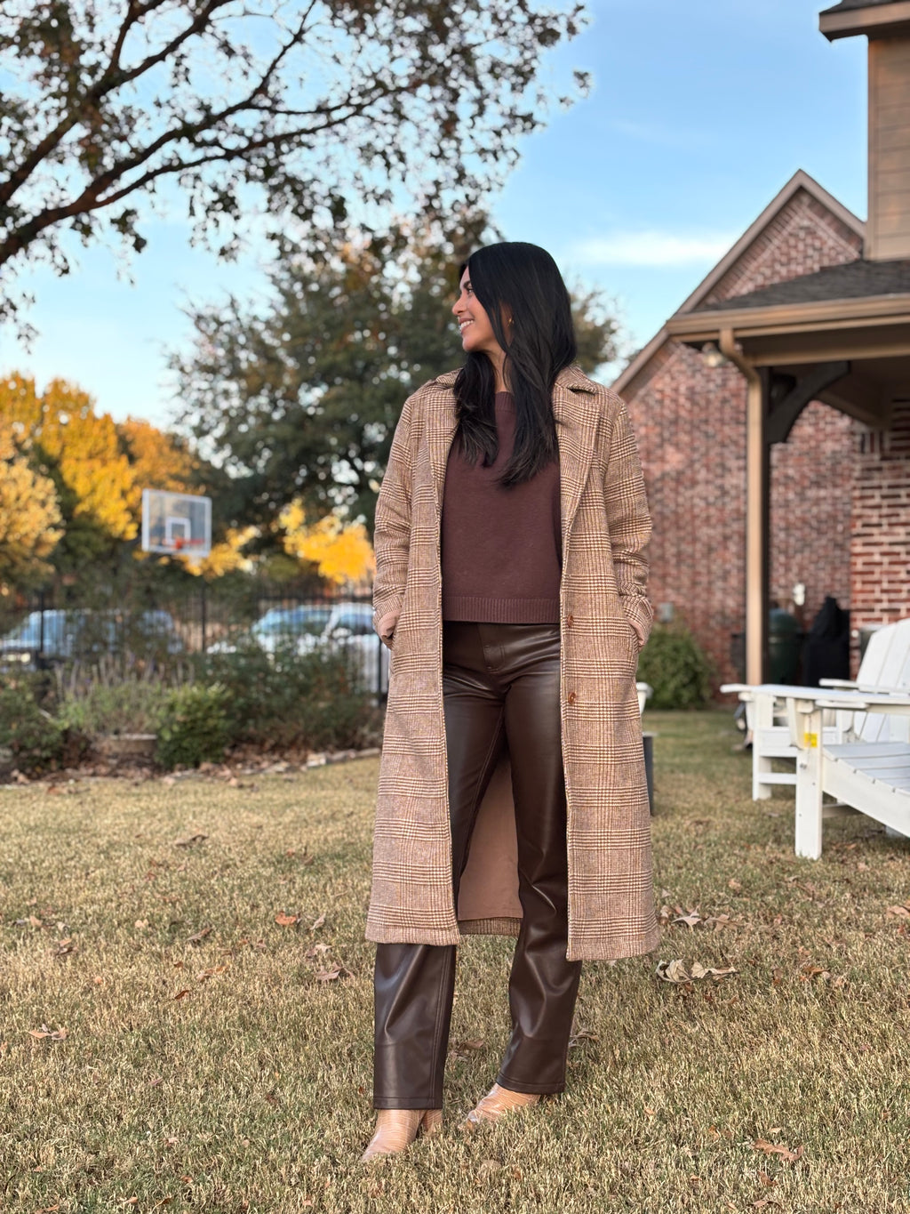 Brown Houndstooth Plaid Long Wool Coat