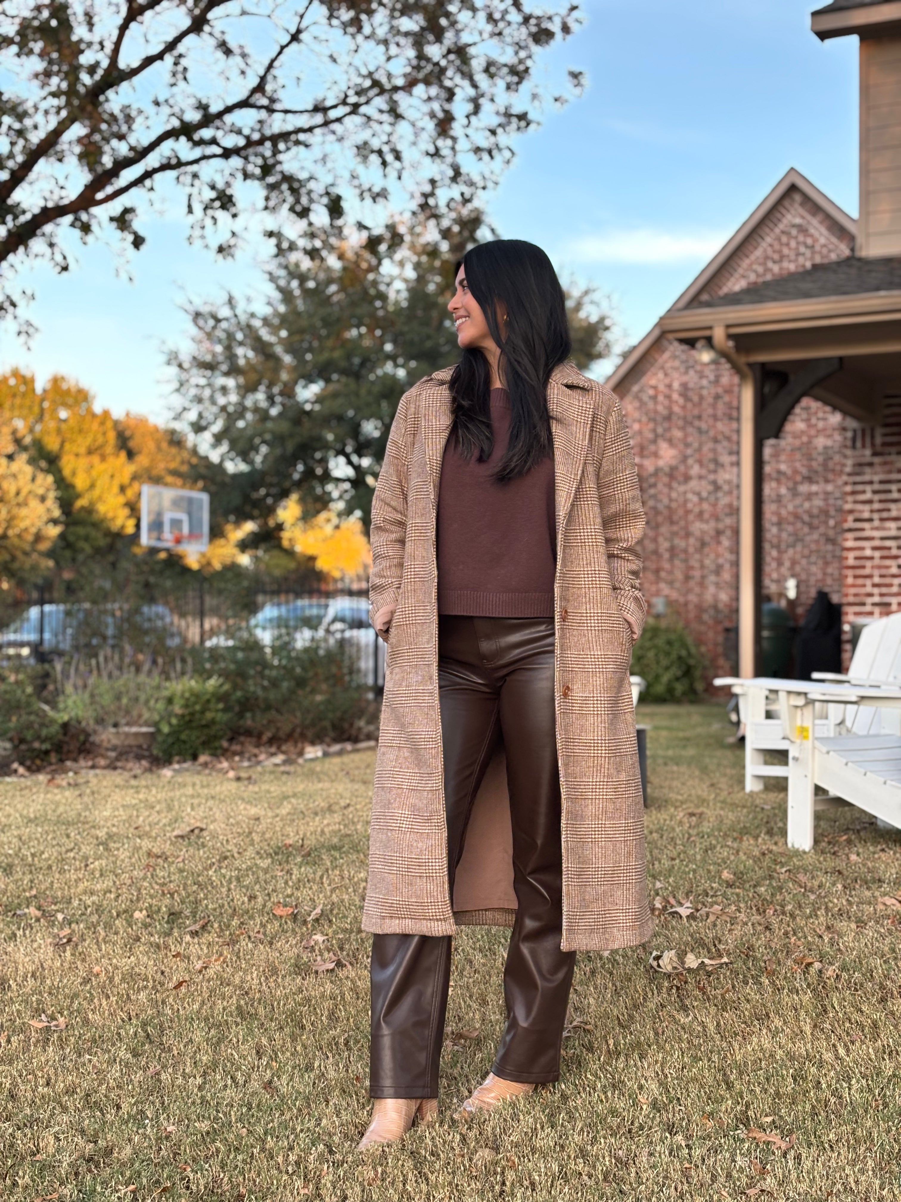 Brown Houndstooth Plaid Long Wool Coat