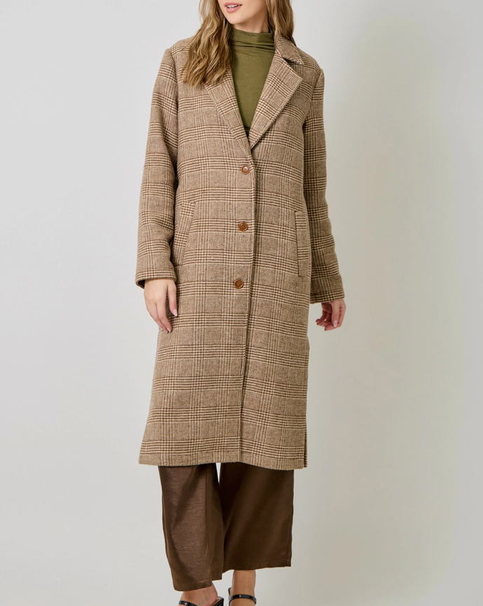 Brown Houndstooth Plaid Long Wool Coat
