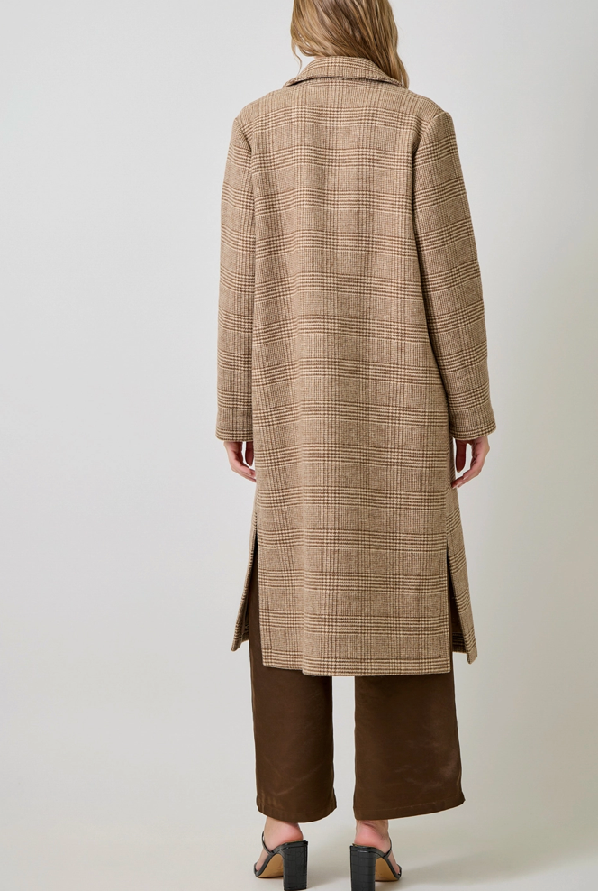 Brown Houndstooth Plaid Long Wool Coat