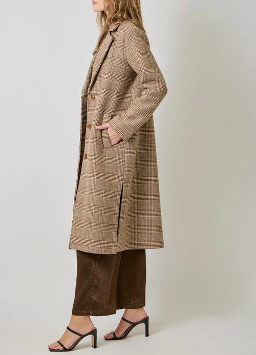 Brown Houndstooth Plaid Long Wool Coat