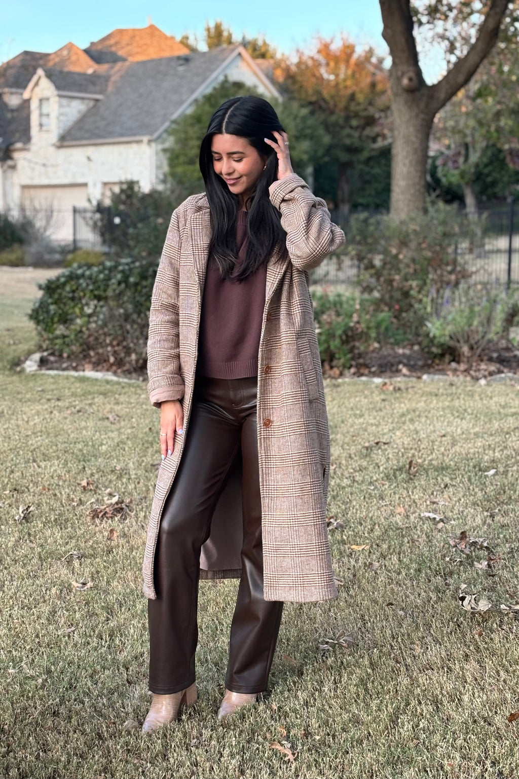 Brown Houndstooth Plaid Long Wool Coat