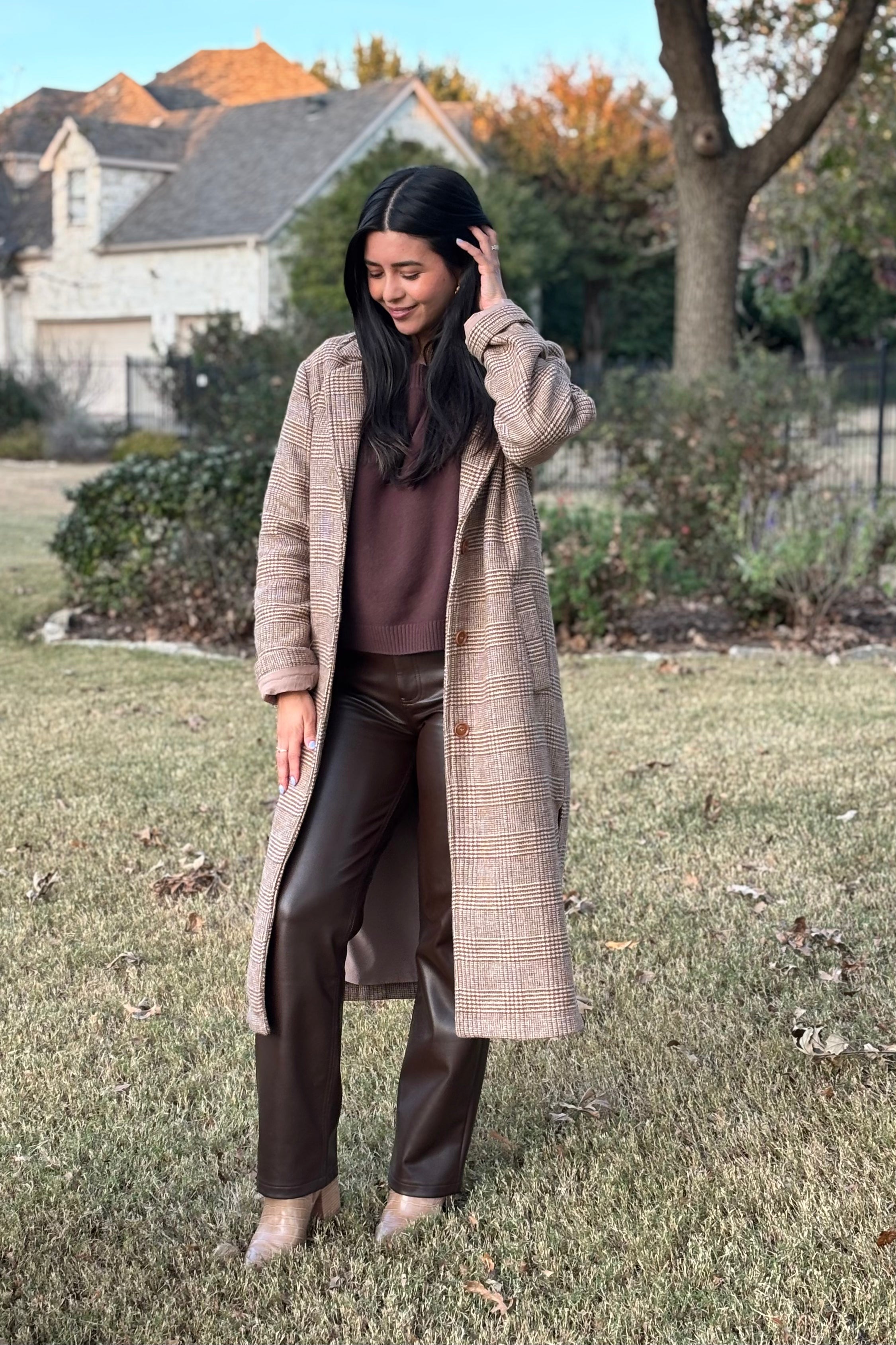 Brown Houndstooth Plaid Long Wool Coat