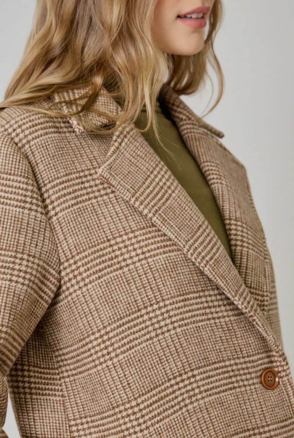 Brown Houndstooth Plaid Long Wool Coat