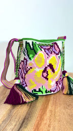 Handmade Wayuu Mochila | Medium Green and Pink Crossbody Bucket Bag | Tambora Boutique