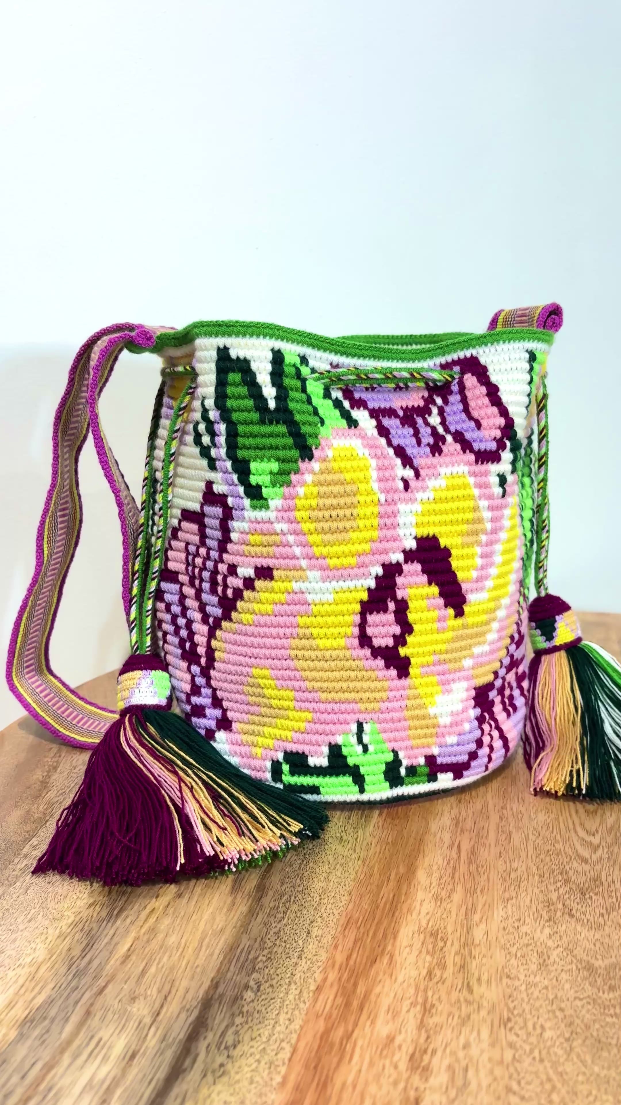 Handmade Wayuu Mochila | Medium Green and Pink Crossbody Bucket Bag | Tambora Boutique