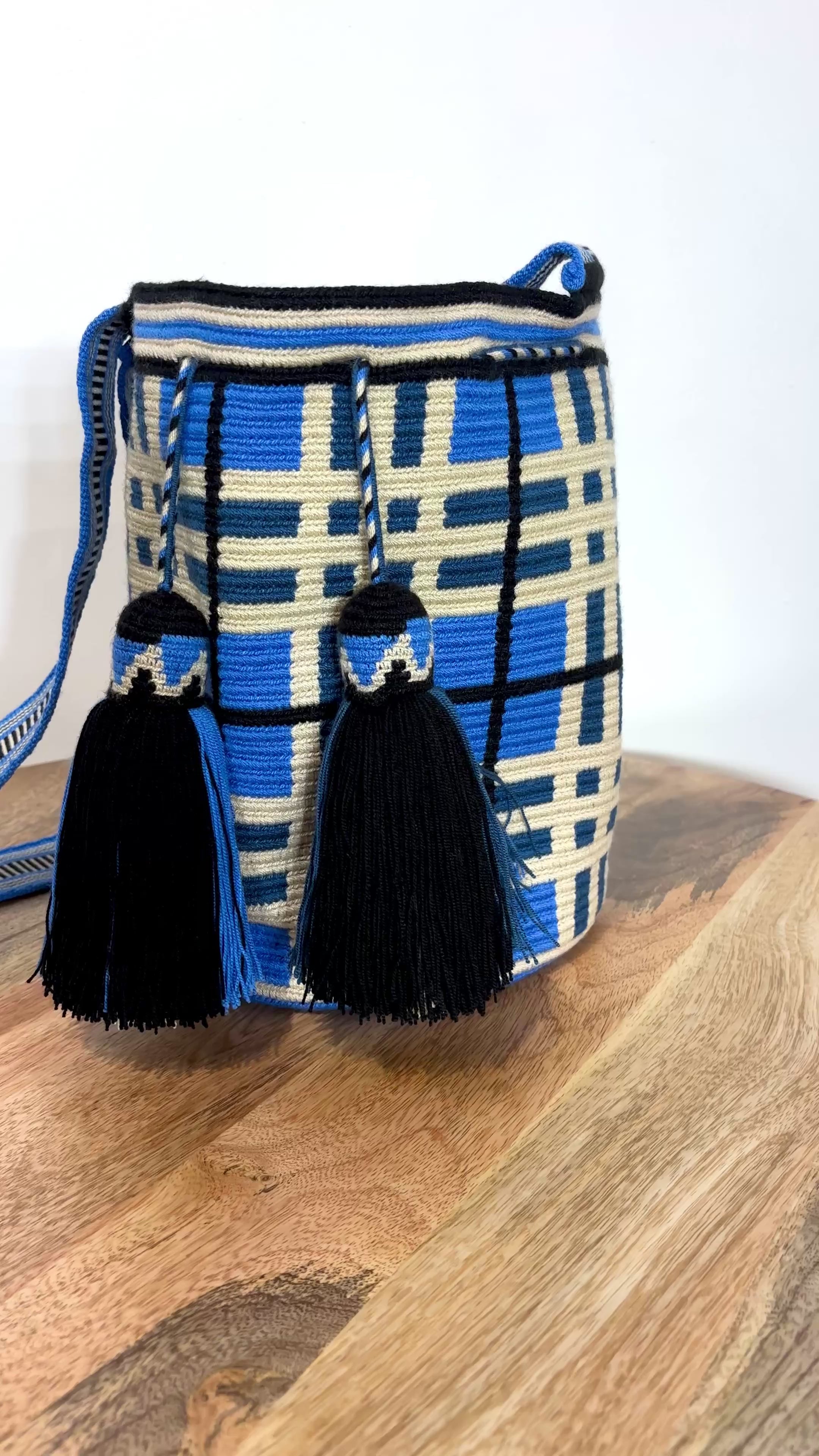 Handmade Wayuu Mochila | Large Blue and Black Crossbody Bucket Bag | Tambora Boutique