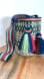 Handmade Wayuu Mochila | Large Teal and Pink Crossbody Bucket Bag | Tambora Boutique