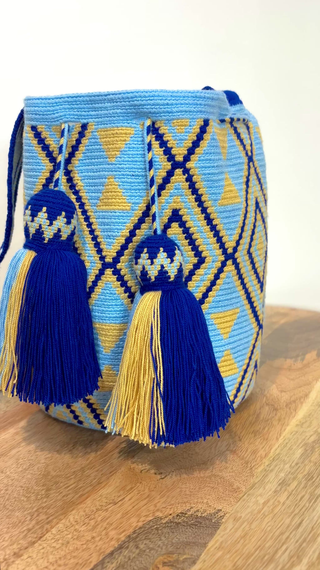 Handmade Wayuu Mochila | Large Blue and Yellow Crossbody Bucket Bag | Tambora Boutique