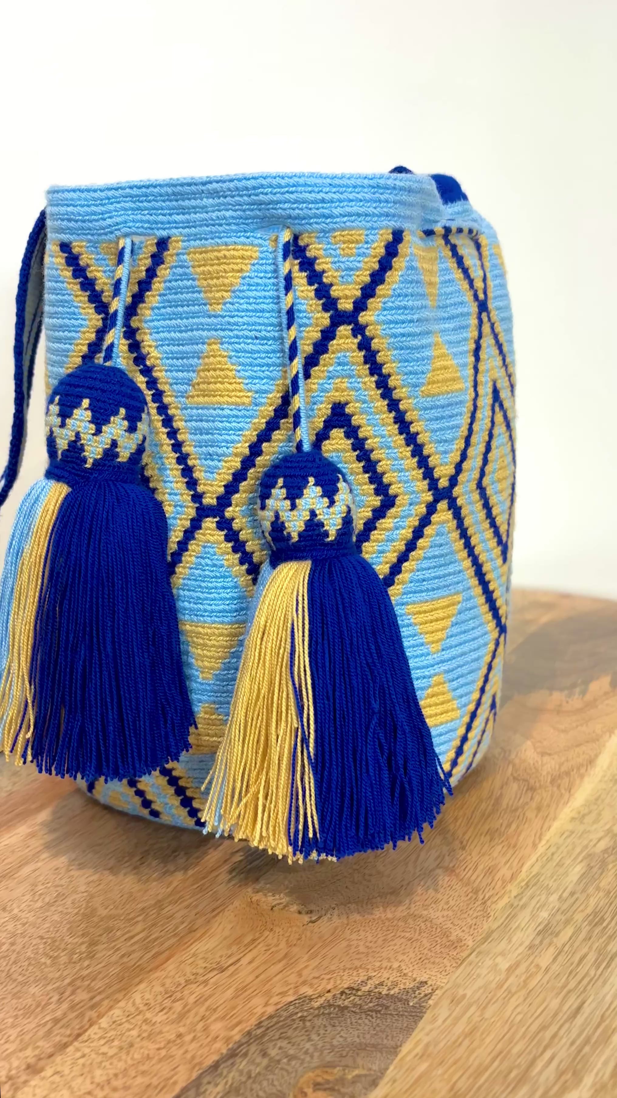 Handmade Wayuu Mochila | Large Blue and Yellow Crossbody Bucket Bag | Tambora Boutique