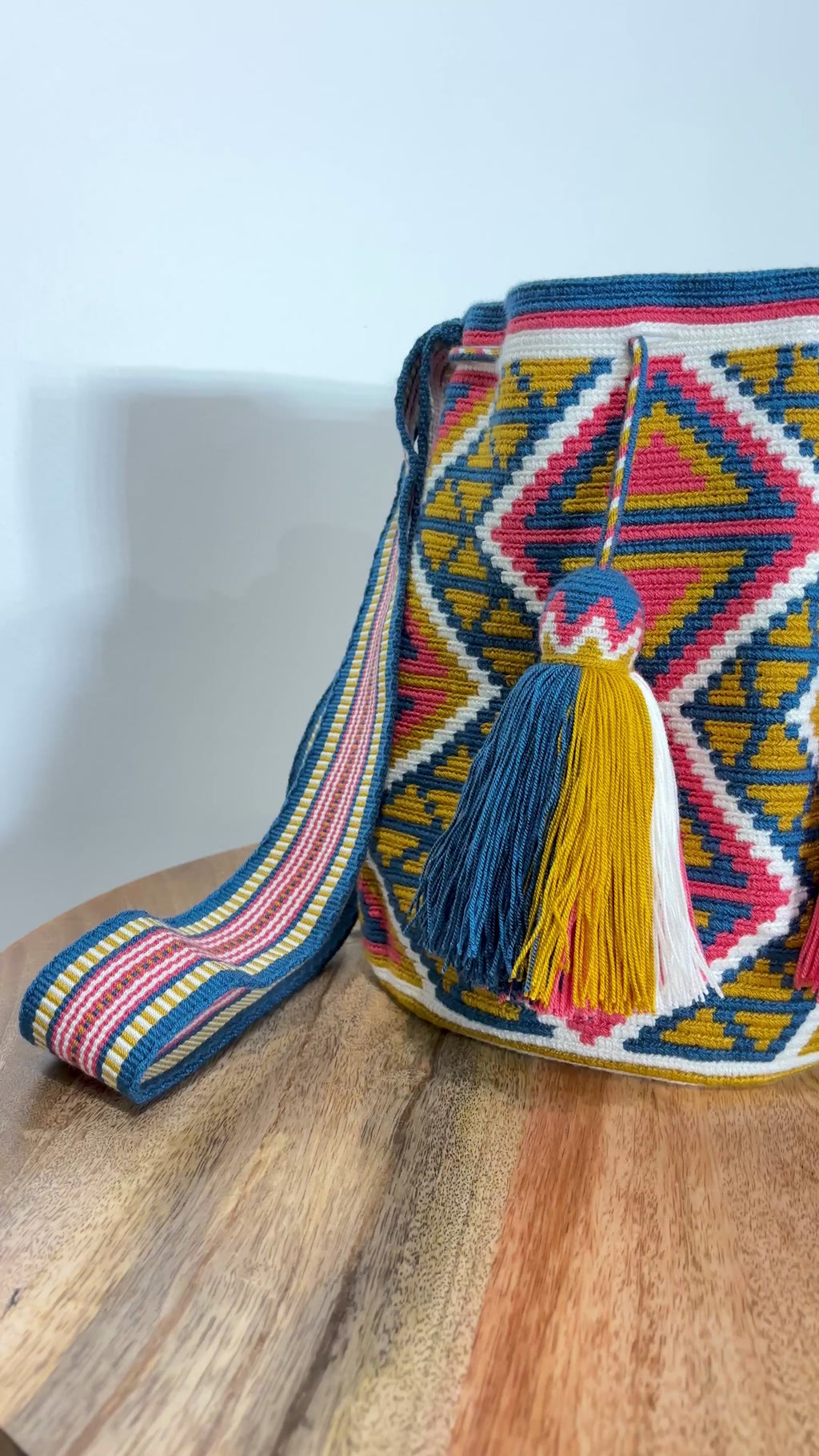 Handmade Wayuu Mochila | Large Blue and Mustard Yellow Crossbody Bucket Bag | Tambora Boutique