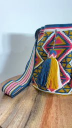 Handmade Wayuu Mochila | Large Blue and Mustard Yellow Crossbody Bucket Bag | Tambora Boutique