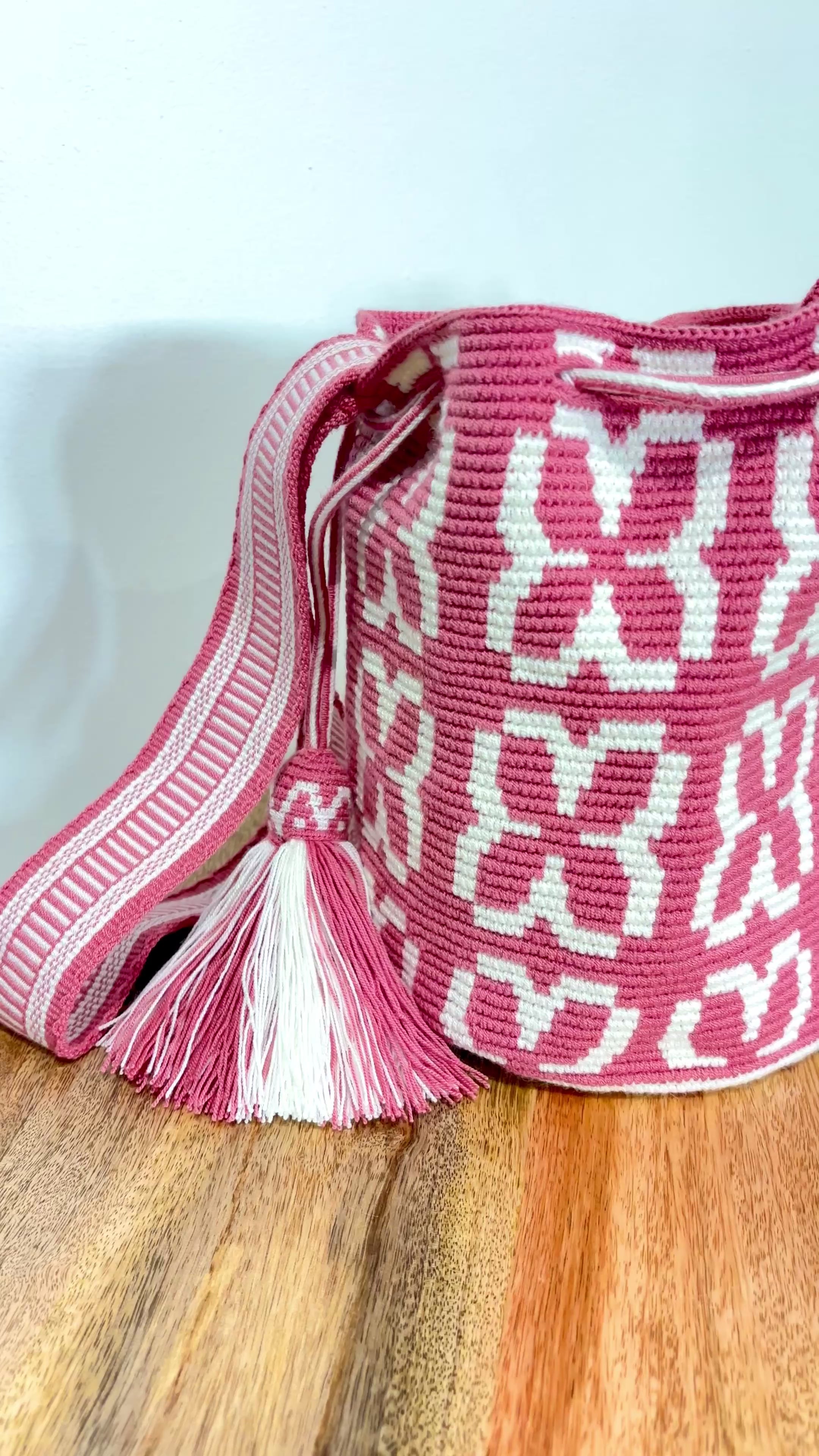 Handmade Wayuu Mochila | Medium Pink and White Crossbody Bucket Bag | Tambora Boutique